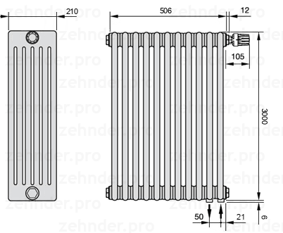 Схема (чертеж) Радиатор Zehnder Charleston 6300/11 №V002 Белый глянцевый RAL 9016